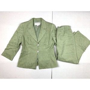 Doncaster Pant Suit Womens 6 Green Tea Jacket Pants Straight Leg 3/4 Sleeve